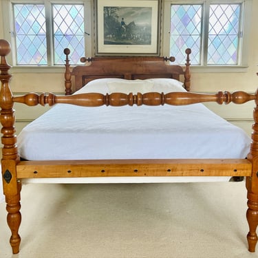 Cannonball & Vase Bed in Maple, Original Posts ~ Circa 1830, Resized to Queen with Repeating End Headboard with 2 Raised Panels & Blanket Rail