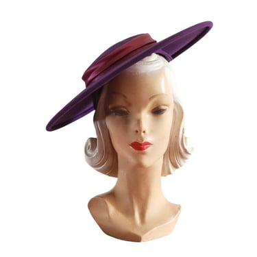 1950s Grapey Purple Platter Hat - 1950s Purple Cartwheel Hat - 1950s Purple Sun Hat - 1950s Womens Purple Hat - Vintage Purple Platter Hat 