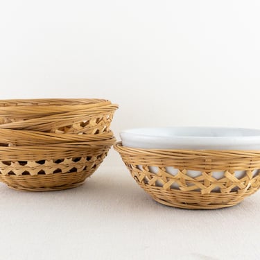 Vintage Set of 5 Small Wicker Baskets, Wicker Bowl Holders, Catchall and Trinket Bowls 