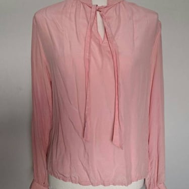 Vintage 1970's Billy Bonny French Made In Paris Bubblegum Pink Long Sleeve Silk Chiffon Tunic Blouse S/M 