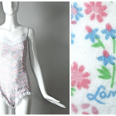 vtg 1980s Lanz of Salzburg white + pink floral print summer sunsuit one piece playsuit | 1980s beachwear jumper jumpsuit | size medium 70s 