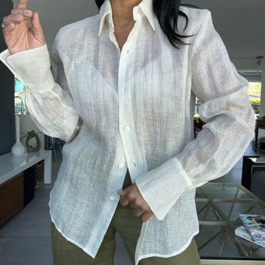 vintage woven linen minimal button down blouse 