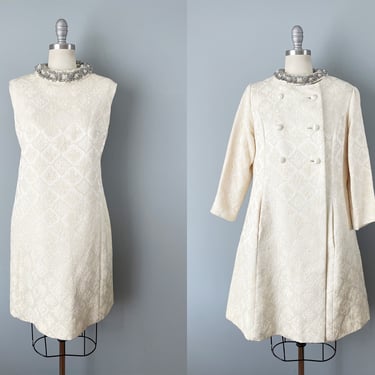 1960s Dress Set / 1960s Silk Brocade Dress / Wedding Outfit / Cocktail Dress And Jacket / Size XL Extra Large  Plus 