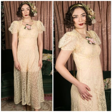 1930s Dress - Lovely Vintage 30s Pale Yellow Dress in Cotton Tambour Lace with Puffed Sleeves, Wedding or Bridal Party Perfect 