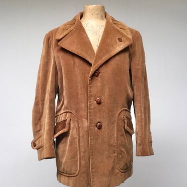 Vintage 1970s Men's Golden Brown Corduroy/Suede Trim Coat, 70s Boho Outerwear, Europe Craft Import, Medium 40" Chest 