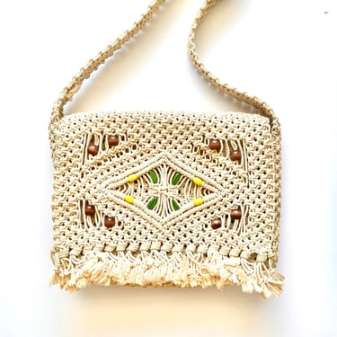 Vintage 70s Macramé Large Bag Messenger Shoulder Purse White Tote with Fringe 