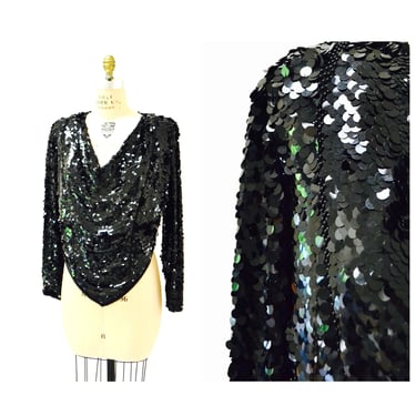 Vintage Metallic Sequin Shirt Top Black size Medium// 80s 90s Vintage Sequin Party Shirt long Sleeve New years Club Shirt with Cowl neck 