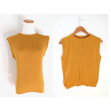 Vintage 60s Sleeveless Blouse - Mod Mustard Yellow Knit Top - Size Small 