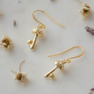 gold mushroom earrings, cute cottagecore jewelry, dainty charm earrings, unique gift for her 