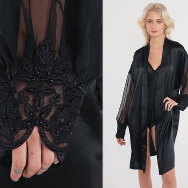 Black Robe 90s Bed Jacket Floral Lace Trim Lingerie Top Open Front Sleep Shirt Retro Lounge Goth Romantic Sexy Bodoir Vintage 1990s Large L 