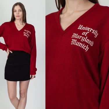 70s 80s University Of Maryland Munich V-Neck Sweater - Men's Medium, Women's Large | Vintage Burgundy Knit Collegiate Pacific Pullover 