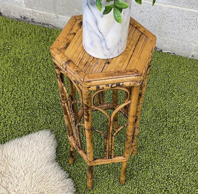 Vintage Plant Stand Retro 1980s Bohemian + Rattan or Bamboo Frame + Hexagon Shaped Top + Boho + Plant Display + Indoor Home Decor 