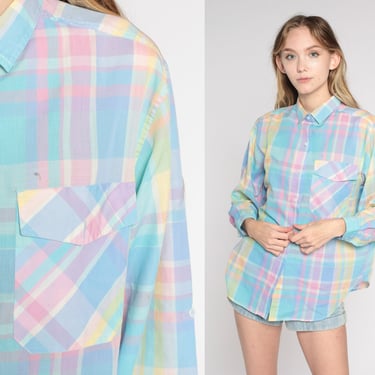 Pastel Plaid Shirt 80s 90s Button Up Shirt Retro Long Sleeve Top Collared Preppy Blouse Nerd Pink Blue Yellow Checkered Vintage Large 14 