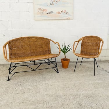 Rattan Settee or Chair with Iron Legs
