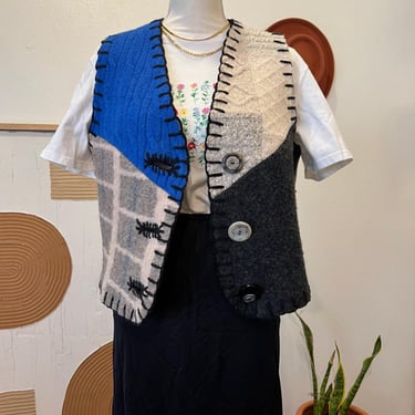 BaaBaaZuzu Vintage Handmade USA Wool Patchwork Blue Button Front Vest - M 