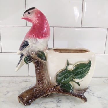 1950s Vintage Royal Copley Finch on Tree Stump Ceramic Planter 