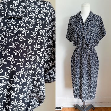 Vintage 1980s Bow Novelty Print Day Dress / M 