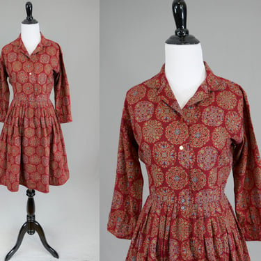 60s Classic Day Dress - Dark Red Olive Burgundy Blue Black - Laura Mae Full Skirt Shirtdress - Vintage 1960s - S 