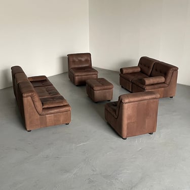 Mid-Century-Modern Patchwork Leather Modular Seating Set in the style of De Sede, 1970s West Germany / Vintage Leather Modular Sofa 