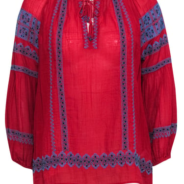Joie - Red & Blue Embroidered Cotton Blouse w/ Beaded Tassels Sz S
