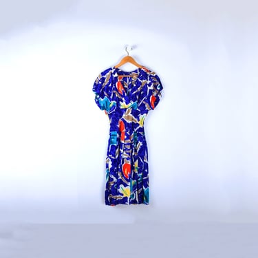 Sz 6 // 70s Indigo Flower Pleated Dress - Vintage, Floral, Hippie, Colorful 