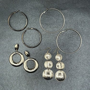 Lot of 4 Pairs Pierced Earrings Silver tone Various Hoops Dangles 