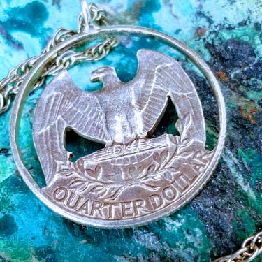 American Eagle Coin Necklace~Cut-out Quarter Dollar Eagle Pendant on 22" Metal Chain~United States Coin~Vintage Pendant~JewelsandMetals. 