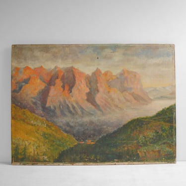 Vintage Landscape Painting of Mountains and a Valley 
