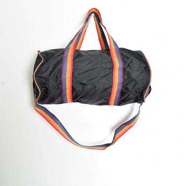 vintage 80s duffel bag black nylon RAINBOW strap gym travel bag tote 