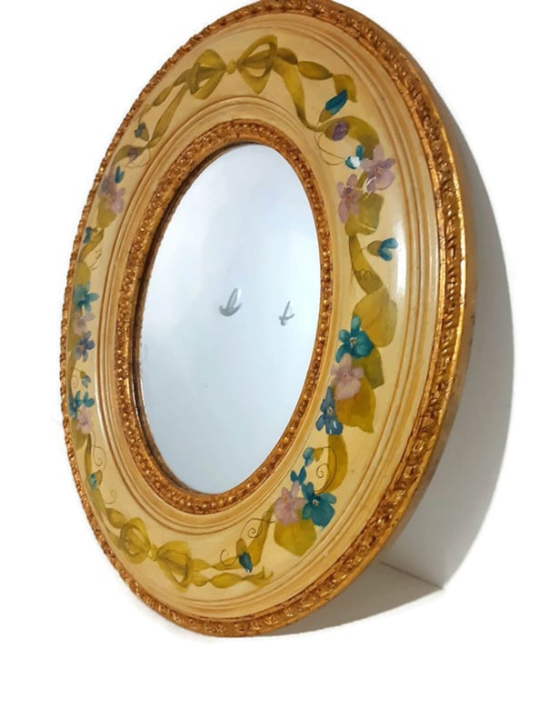 Vintage Hand Painted Oval Wall Mirror - Violets And Ribbons