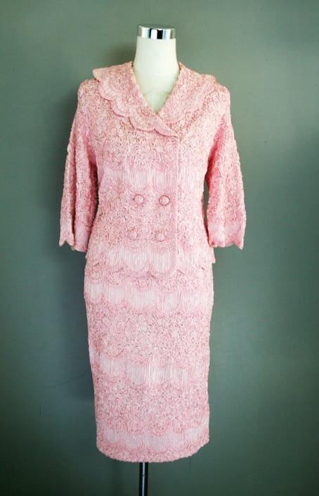 1950-60's - Pink  Soutache -  Jackie O Style - Ribbon Textured - Suit - Mad Men - by Caledonia - Spring Wedding 