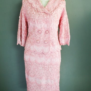 1950-60's - Pink  Soutache -  Jackie O Style - Ribbon Textured - Suit - Mad Men - by Caledonia - Spring Wedding 