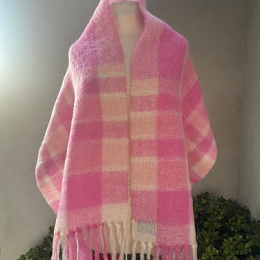Vintage Mohair wool scarf wrap pink white plaid by St Michael of Great Britain 