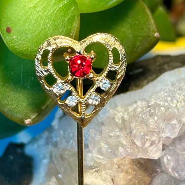 Vintage Heart Shaped Lapel Hat Pin Red Stone Rhinestones Retro Valentine Love 