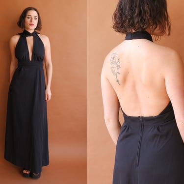 Vintage 70s Deep V Black Maxi Dress/ 1970s High Neck Backless Gown/ Size Small Medium 