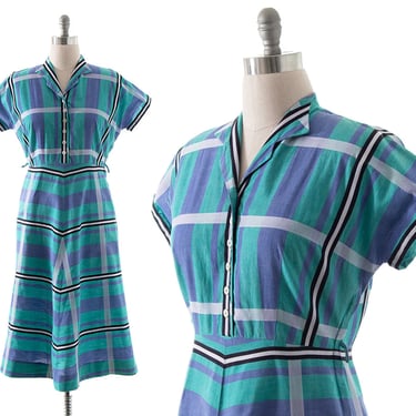 Vintage 1940s 1950s Shirt Dress | 40s 50s Plaid Cotton Button Up Fit and Flare Green Blue Shirtwaist Midi Day Dress with Pocket (large) 
