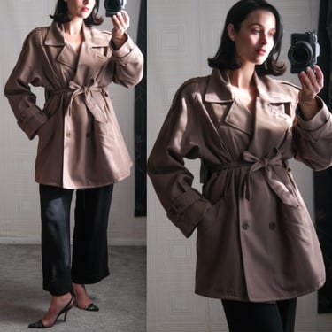 Vintage 80s GANTOS Khaki Drop Shoulder Crop Belted Double Breasted Overcoat w/ Removable Lining & Tortoise Buttons | 1980s Designer Jacket 