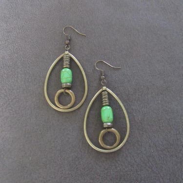 Bronze tear drop hoop  and green stone earrings 
