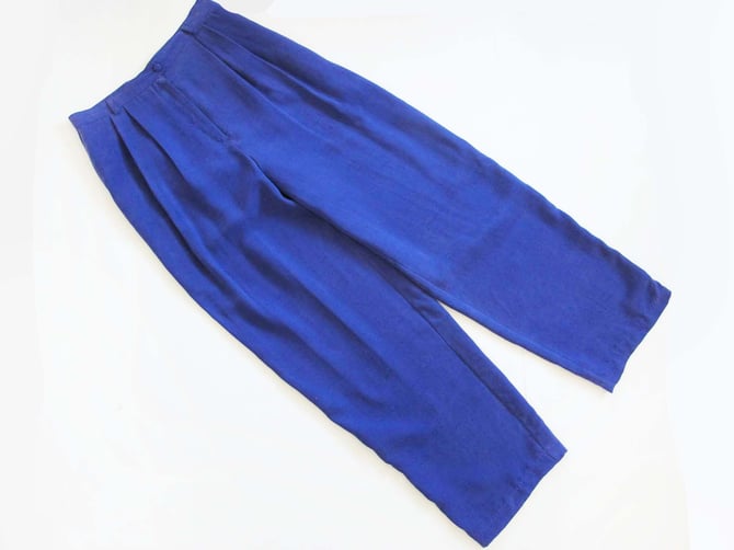 90s Silk High Waist Trouser Pants 29 - Vintage Violet Blue Pleated Womens Pants - Colorful Solid Color Tapered Leg Pants 