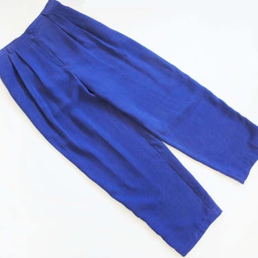 90s Silk High Waist Trouser Pants 29 - Vintage Violet Blue Pleated Womens Pants - Colorful Solid Color Tapered Leg Pants 