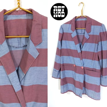 So Cool Vintage 70s 80s Blue & Plum Chambray Stripe Blazer with Pockets 