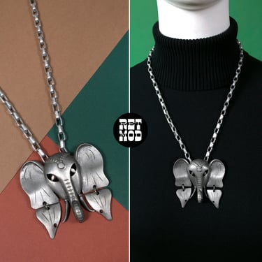 Cool Vintage 70s Chunky Silver Articulated Elephant Pendant Necklace 