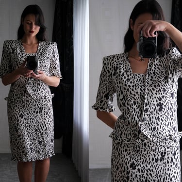 Vintage 80s VALENTINO Black & White Abstract Silk Dress w/ Attached Faux Bolero Top | Made in Italy | 100% Silk | 1980s Designer Silk Dress 