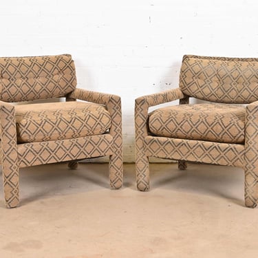 Milo Baughman Style Mid-Century Modern Upholstered Parsons Club Chairs, Pair