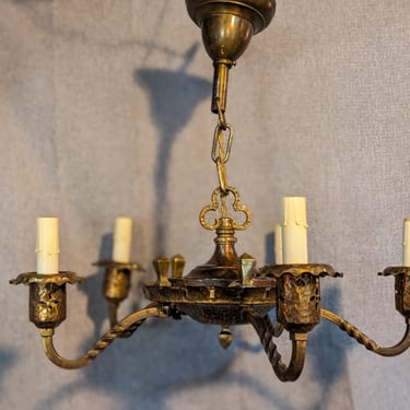 Vintage Tudor Style Hammered Brass Chandelier