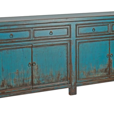 Long 4 Door 4 Drawer Antique Blue Cabinet Sideboard by Terra Nova Designs Los Angeles 