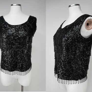 Timeless 1950s-1980s Black Sequin & Beaded Fringe Zip Back Tank Top w Lining | Vintage, 1960s, 1970s, Formal, Cocktail, Party 