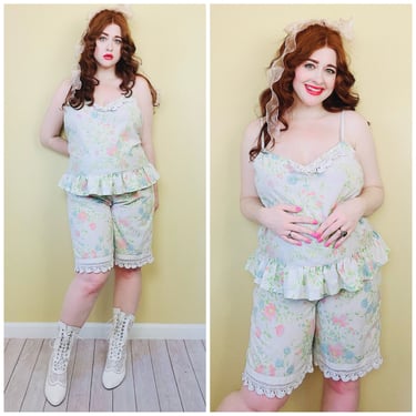 Vintage Pillow Case Handmade Floral Bloomer Set / Cotton Ruffled Pastel Flower Print Shorts and Tank / Size XL 