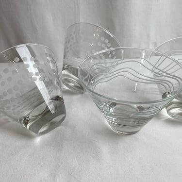 Beautiful high quality etched thick glasses stemless martini / Cosmopolitan style glass Set of 4 /dots and swirly pattern wide rim 