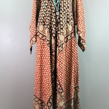 1970s - Sultana - Block Print - India Cotton - Bohemian - Hippie Girl - Kaftan - Marked size L 